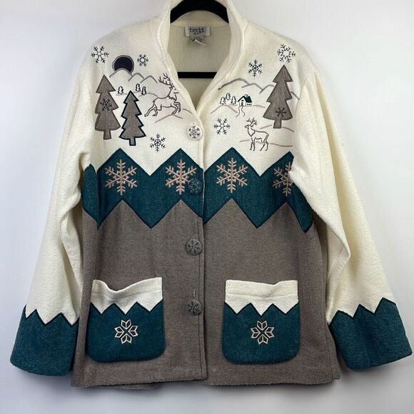 Teddi Women's Snowflakes Winter Scenic Button-Front Cardigan Sweater Medium - Picture 1 of 8